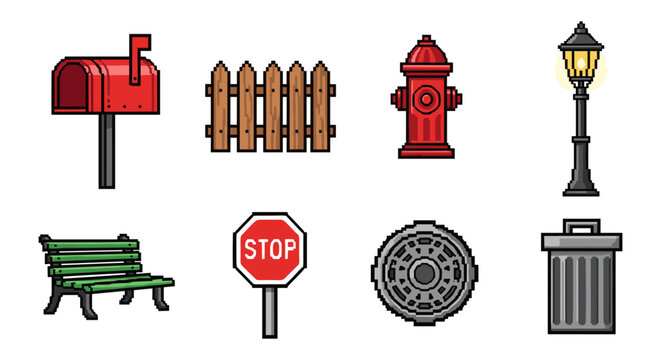 Retro pixel art city elements: mailbox, fence, fire hydrant, streetlight, bench, stop sign, manhole, trash can