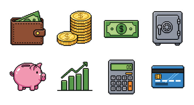 Retro pixel art finance icons featuring money, wallet, calculator, and safe