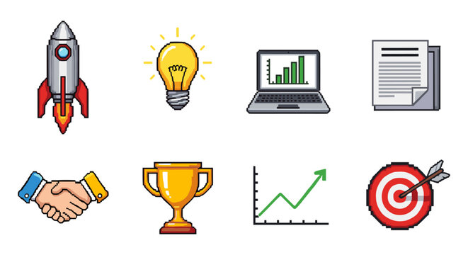 Pixel art icons for business and technology themes