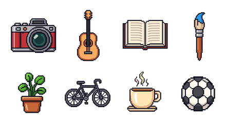 Pixel art icons of hobbies: camera, guitar, book, paintbrush, plant, bicycle, coffee, soccer ball
