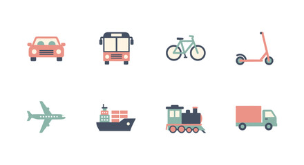 Flat icon set of various transport modes for urban and long-distance travel