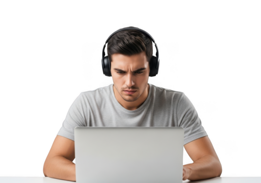 Young man wearing headphones intently focused on a laptop screen with a serious expression isolated on transparent background