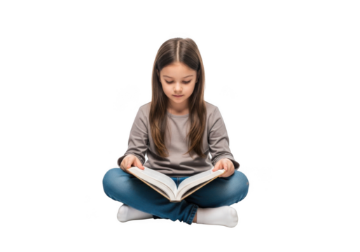 Young girl with braids sitting cross legged engrossed in reading an open book isolated on transparent background