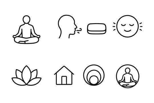 Mindfulness and wellness icons: meditation, yoga, and relaxation in linear style