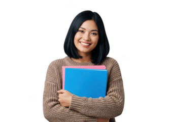 A young asian woman with dark hair smiles warmly while holding a stack of colorful folders isolated on transparent background