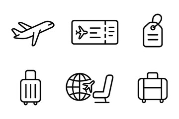 Minimalist travel icons: airplane, ticket, luggage, and global travel symbols