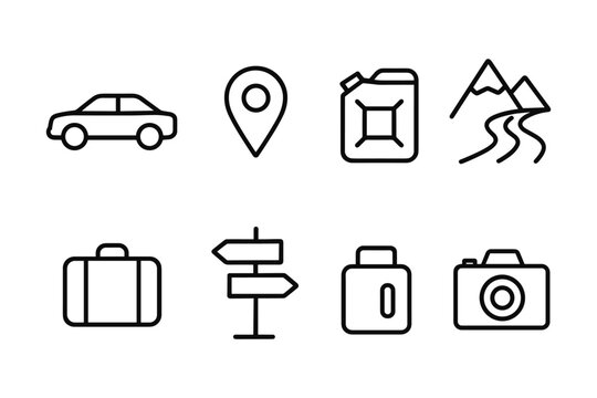 Essential linear travel icons for navigation and exploration