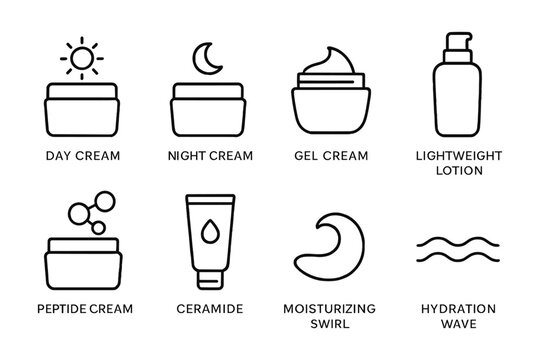 Skincare line icons: day, night, gel, lightweight, peptide, ceramide, moisturizing, hydration