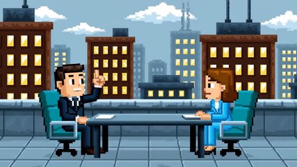Pixelated Rooftop Meeting: Business Discussion in Retro 8-bit Style - Powered by Adobe
