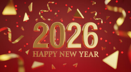 Festive 2026 New Year celebration golden numbers with confetti and ribbons on a red background perfect for holiday greetings