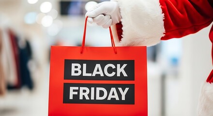 Santa holds a red shopping bag with black friday text