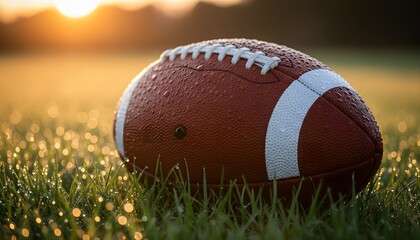Close-Up Football on Wet Grass at Sunset – Realistic Sports Photography