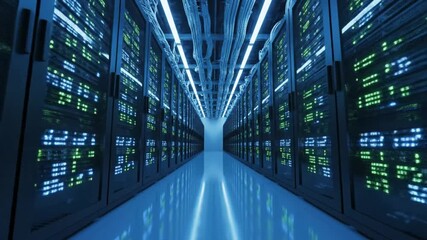 An awe-inspiring data center showcases rows of powerful servers and intricate network connections, representing the core of modern data processing and storage. - Powered by Adobe
