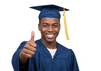 A happy young black man wearing a graduation cap and gown gives a thumbs up celebrating academic achievement isolated on transparent background
