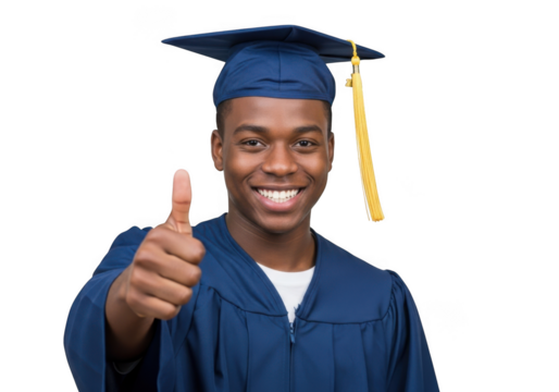 A happy young black man wearing a graduation cap and gown gives a thumbs up celebrating academic achievement isolated on transparent background