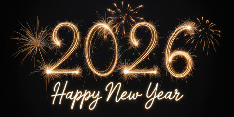 happy new year, new year's eve, silvester, new year, celebration greeting card, new year card - Year 2026 in sparkler font and firework fireworks pyrotechnic, isolated on black night sky background