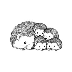 An endearing sketch captures a heartwarming scene of a hedgehog and its three adorable offspring, radiating the warmth of family bonds.