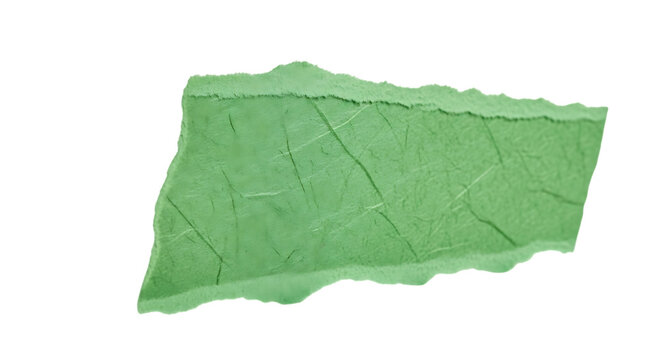 Torn piece of crumpled green paper with rough edges and textured surface, design element isolated on transparent background