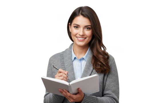 Smiling professional woman in a grey blazer holding a pen and open notebook isolated on transparent background