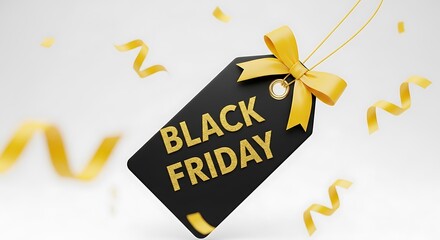 Black friday sale tag with yellow ribbon and confetti