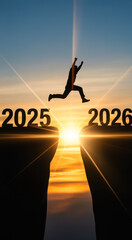 Man jumping from 2025 to 2026 over a chasm at sunset concept for new year goals and future success silhouette
