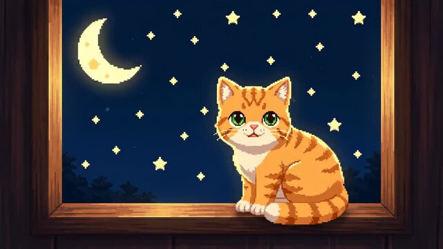 Pixel Cat's Night Watch: Animated Orange Tabby Gazing at Moonlit Stars, Falling Asleep