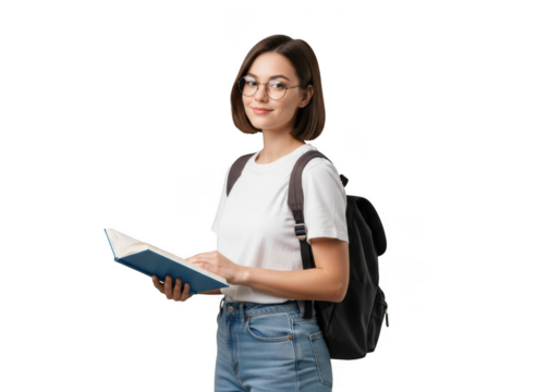 Young woman wearing glasses and a backpack holding an open book isolated on transparent background - Powered by Adobe