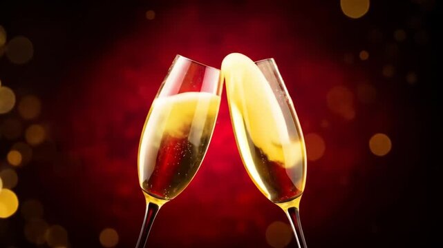 Two champagne flutes clink against a rich red background with bokeh lights, bubbles rising