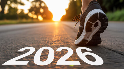 A close-up of a runner’s foot in motion on a road marked with 2026 as the sun sets in the background
