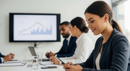 Business professionals in a meeting analyzing financial charts on a screen