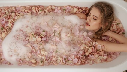 Relaxing Woman in Bathtub Filled With Rose Petals and Bubbles During a Serene Afternoon