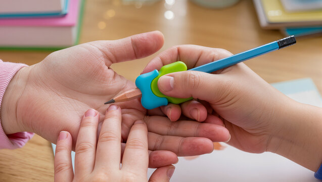 Adult hand assisting a child to hold a pencil correctly using a colorful ergonomic pencil grip. Concept of fine motor skills development, tutoring, and early education.