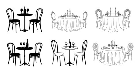 Dining table arrangements line art in black and white