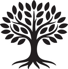 Black stylized tree with roots and leaves white silhouette