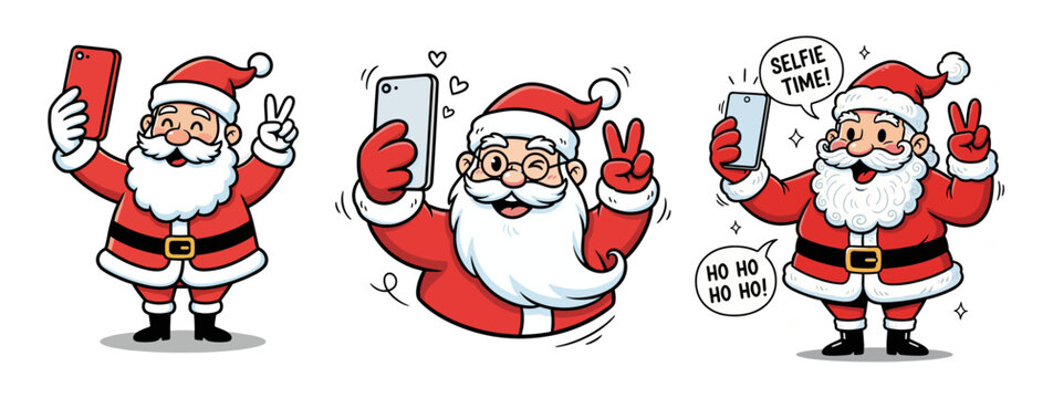 Santa taking selfies against white background