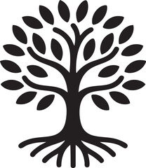 Black stylized tree with roots and leaves white