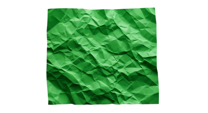 Crumpled green paper texture background with rough, wrinkled surface detail for design use isolated on transparent background