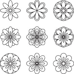 Nine black and white floral designs in grid flower