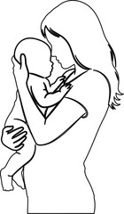 Simple line drawing of a mother tenderly holding her baby close in her arms