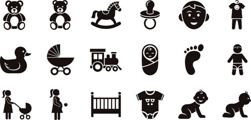 Collection of black and white baby and child related icons in a grid layout
