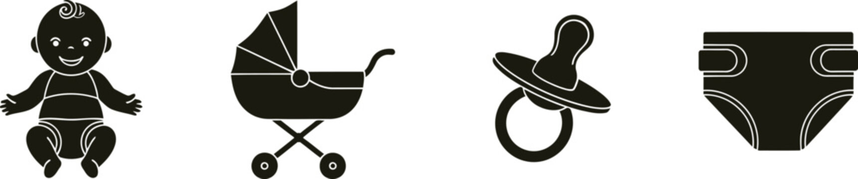 Collection of stylized black baby care icons including a baby doll stroller pacifier and diaper