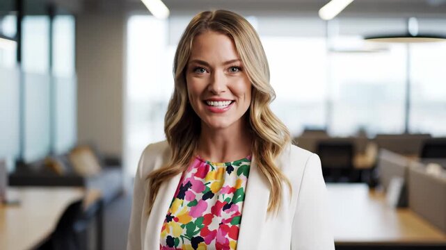 Cheerful businesswoman presenting remote work updates in bright office with confident smile and modern workplace setting