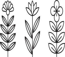 Three stylized black line art flowers on white background