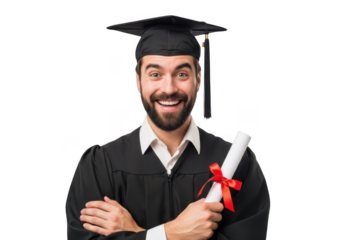 Joyful bearded man wearing graduation cap and gown holding diploma scroll with red ribbon isolated on transparent background