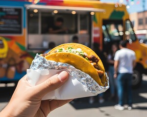 Tacos Wrapped in Foil and Paper, with a Bright, Blurred Food Truck and Festival Atmosphere in the Background, Tacos Against a Vibrant Food Truck Background, Symbolizing Local Business and Culinary