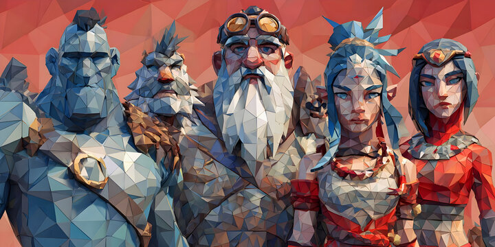 Low-Poly Fantasy Creatures Adventurers, ai generated.