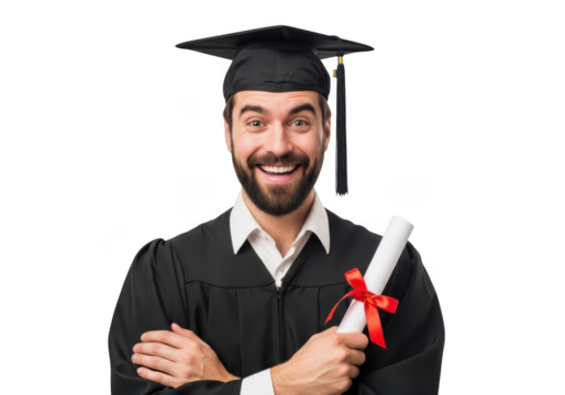Joyful bearded man wearing graduation cap and gown holding diploma scroll with red ribbon isolated on transparent background - Powered by Adobe