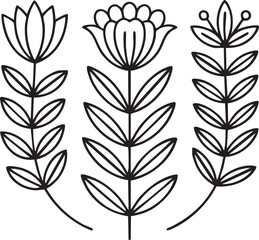 Three stylized black line art floral stems on white