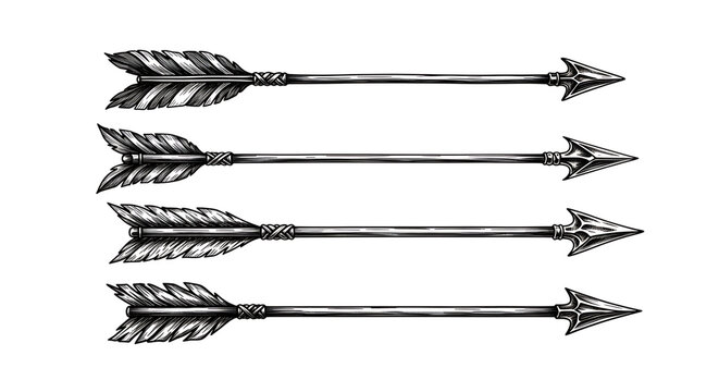 Four detailed hand drawn arrows with feather fletching isolated on white background
