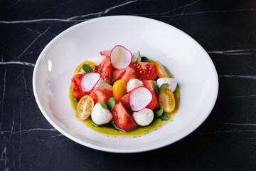 Colorful Tomato Burrata Salad With Radish, Olives, And Fresh Herbs